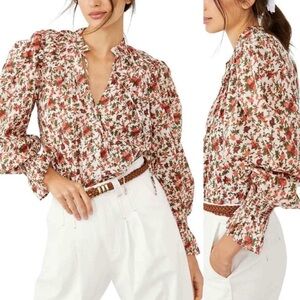 Free People Meant To Be Vintage Floral Puff Sleeve Blouse Top Sz Extra Small XS